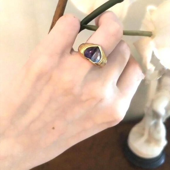 Vintage Bvlgari 18K Yellow Gold Aquamarine Amethyst Heart Ring - Picture 13 of 13